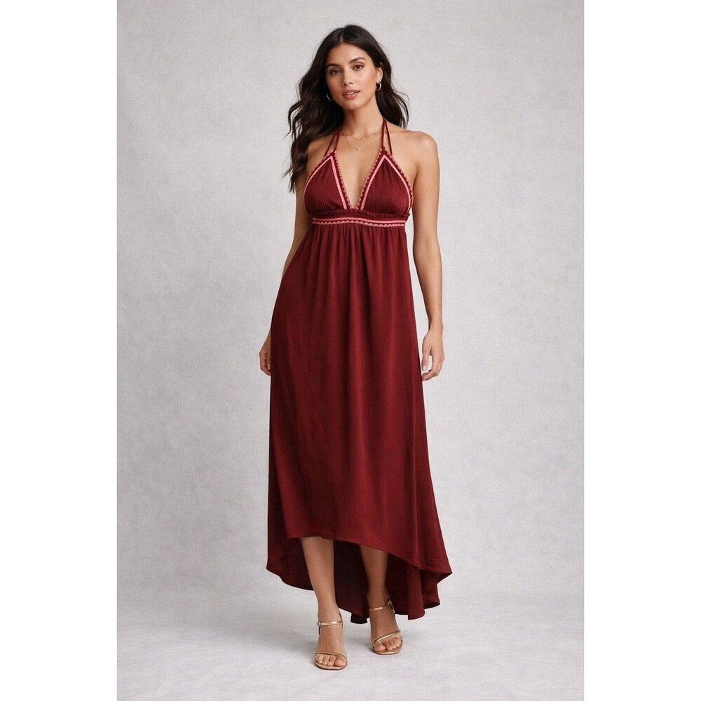 Express Burgundy Halter Maxi Dress M Hi Low Empire Waist Romantic Renaissance